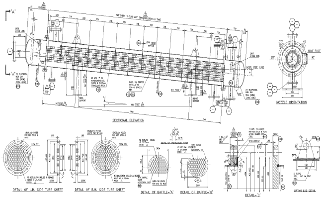 Nozzle sectional elevation and orientation with tube sheet both side detail DWG AutoCAD file