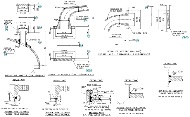 Nozzle with reference pad welding details dwg autocad drawing .