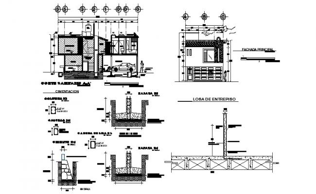 One family house main elevation, section and column construction details dwg file