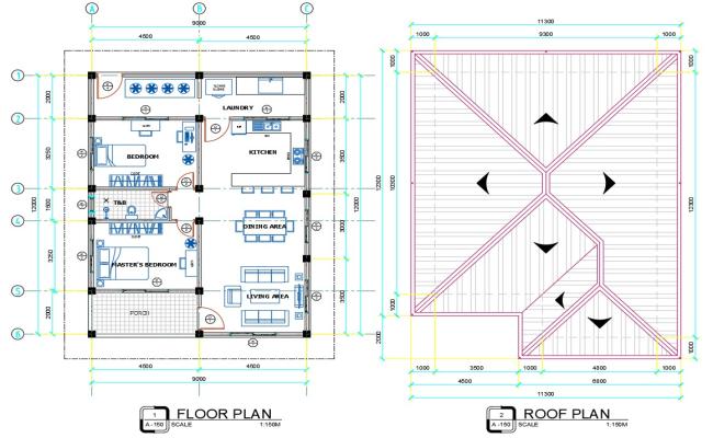 One Story House Floor Plan and Roof Design AutoCAD DWG File