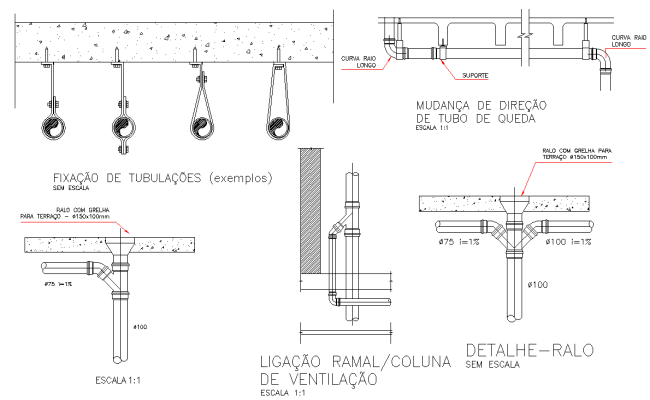 Pipeline Fixing, Ventilation Column, Drop Tube And Drain Details AutoCAD DWG