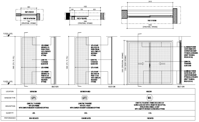 Plan And Section of 12mm thick Glass Door Detail DWG AutoCAD file