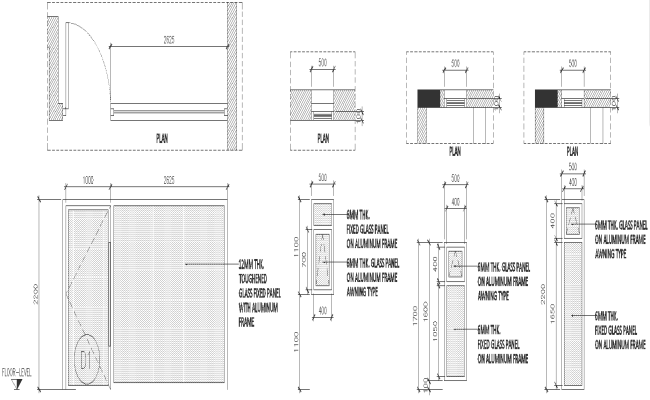 Plan of 6mm thick Glass panel on aluminum frame awning  Detail DWG AutoCAD file