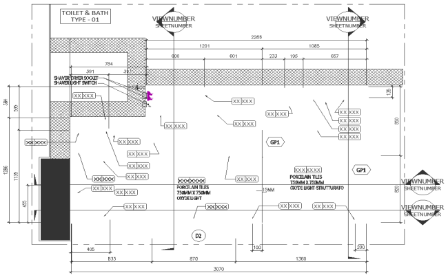 Porcelain tiles detail for toilet and bath DWG AutoCAD drawing