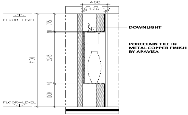 Porcelain tiles  in metal copper finish with downlight details dwg autocad drawing .