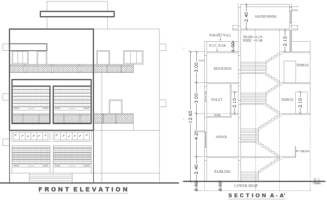 Residential Building Front Elevation and Section Plan Design AUTOCAD DWG
