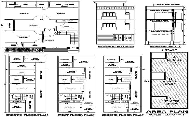 DWG File of 3 Floor Residential Layout and Area Details