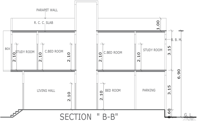 Residential House Section View Plan in AutoCAD DWG File