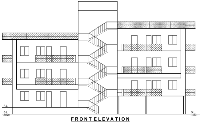 Residential Multi-Story Building Front Elevation Design – AutoCAD DWG File