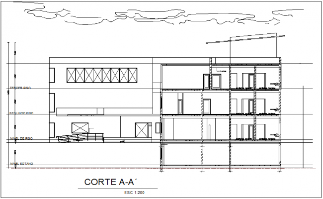 Elevation and different axis section view for clinic building dwg file