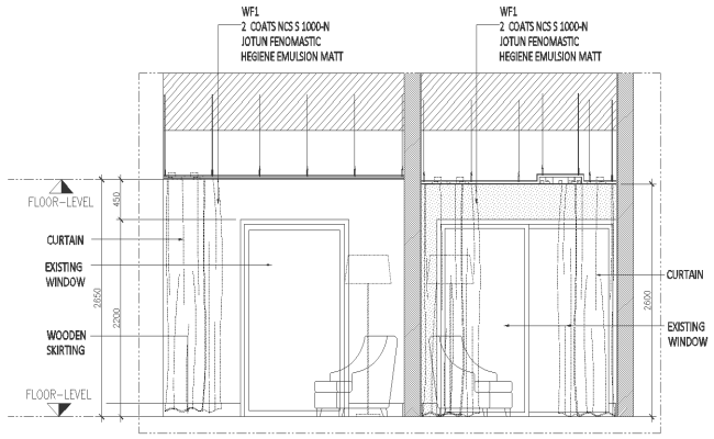 Sectional elevation detail of living room with furniture of specious villa DWG AutoCAD drawing