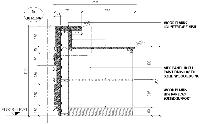 Section of wood planks side panel bolted support Detail DWG AutoCAD file
