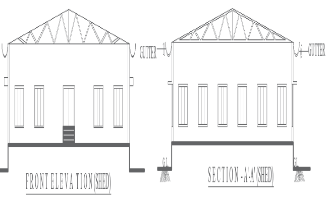 Shed Front Elevation and Section Layout Plan AUTOCAD DWG