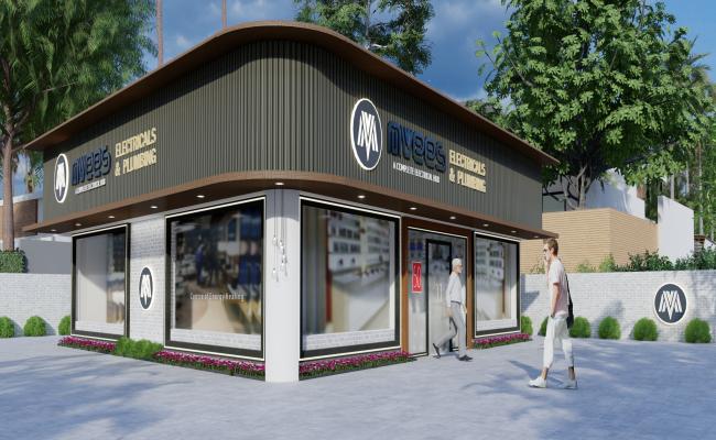 Electrical and plumbing shop elevation design which consists of aluminum composite panels, toughened glass, electricals panel lights, hanging lights and designed landscape in skp file