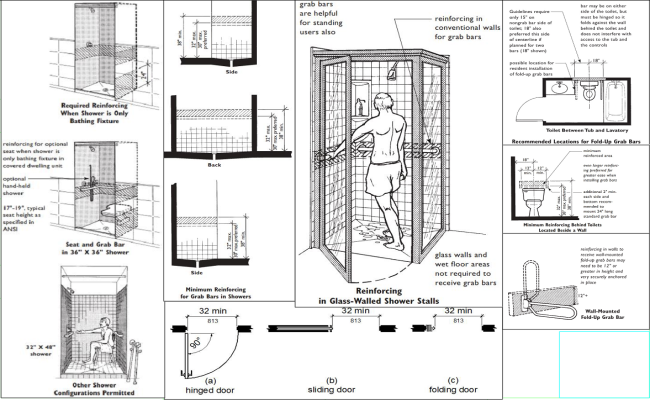 Shower Stall Reinforcement DWG Drawing with Grab Bar Details