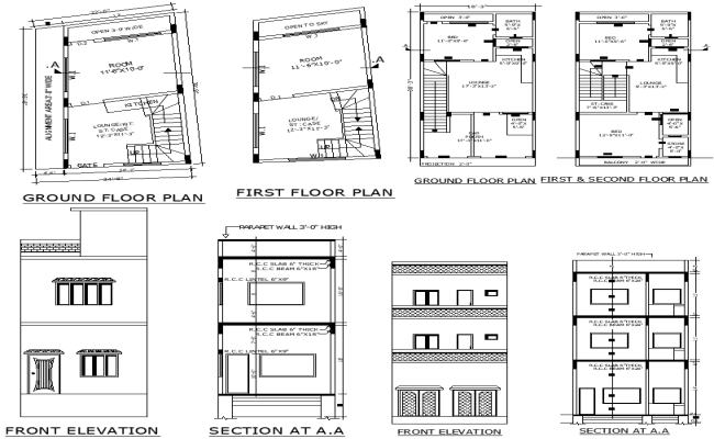 Simple home floor plan with elevation in DWG drawing