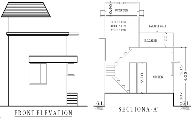 Simple House Front Elevation with Section Plan in DWG File