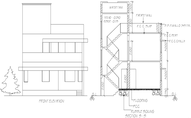 Simple House Elevation Plan with Stair Section in DWG File