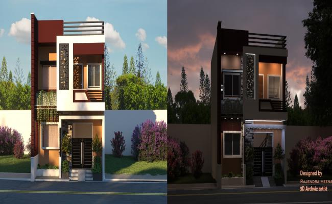 Small house elevation design day and night view