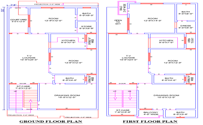Spacious 4 Bedroom House Plan AutoCAD DWG Design 24'-x-50'
