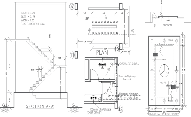 Staircase Section with Toilet and Living Hall CAD Blocks