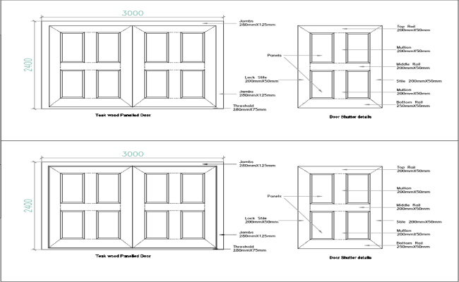 Detailed Teak Wood Door Design with Shutter in DWG Format