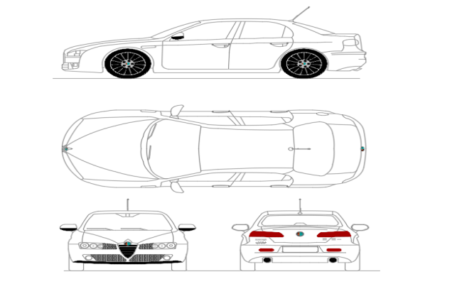The Sedan model car front view, side view, top view cad drawing is given