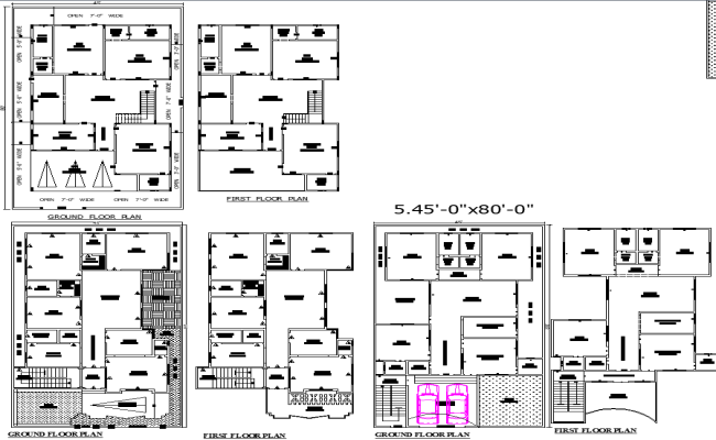 Three Unique House Layout Plans for 45x80 Plot DWG File