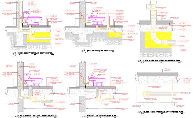 Toilet Bidet and Cleanout Plumbing Details in DWG File