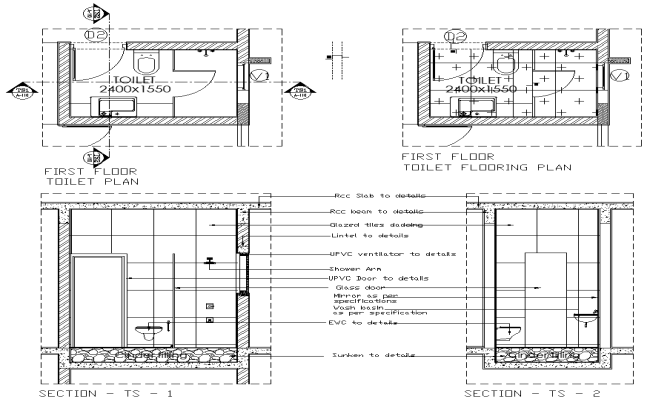 Toilet design with flooring detail in plan and sections DWG AutoCAD drawing