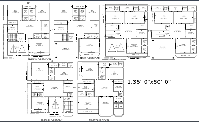 3 Residential House Plans for 36x50 Plot in CAD Format