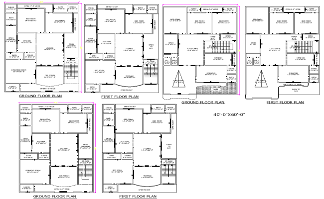 AutoCAD File of 3 Modern Residential 40×60 House Plan Layout
