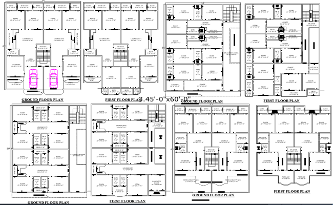Top Four Residential Floor Plans for 45x60 Plot DWG File
