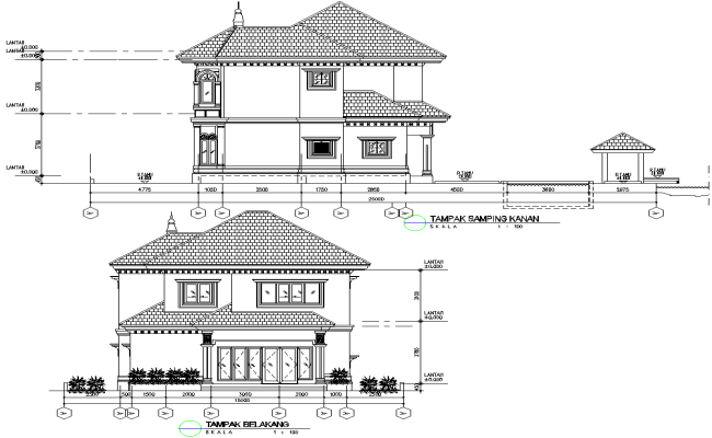 Traditional Two-Story House Elevation Details Architectural Design in AutoCAD DWG 