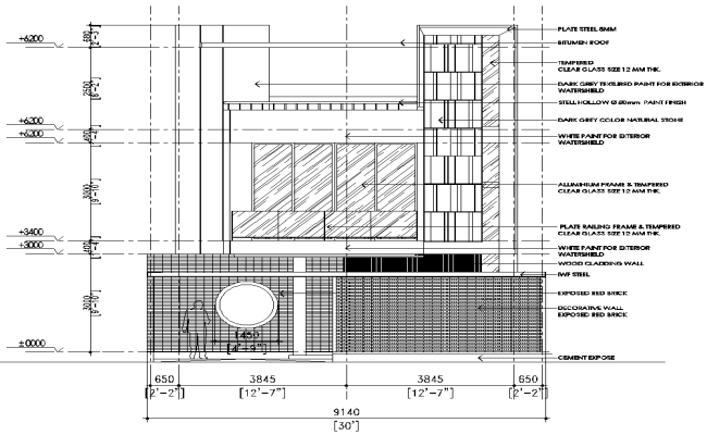 Trendy facade design with material details dwg autocad drawing .