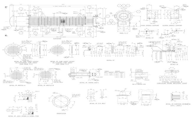 Tube sheet elevation and detail of baffle jack screw eye bolt and dowel pins DWG AutoCAD drawing