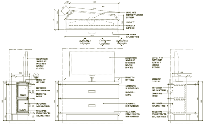 TV Unit Detailed Plan with Section and Elevation in DWG file