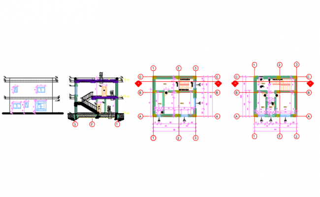 Two story house plan, section and elevation