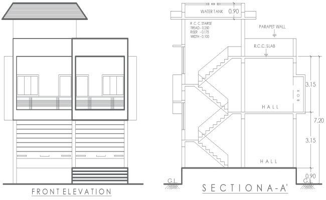 Two-Floor Shop and Hall Elevation & Section Layout Plan – AUTOCAD DWG 