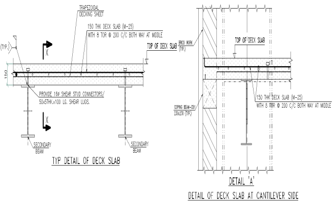 Typical detail of deck slab at cantilever side with dimensions and other details dwg autocad drawing .