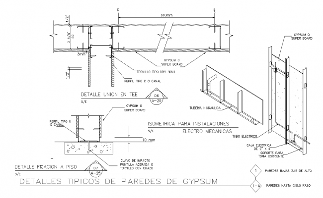 Typical gypsum walls detail cad drawing is given in this cad file. Download this 2d cad file now.
