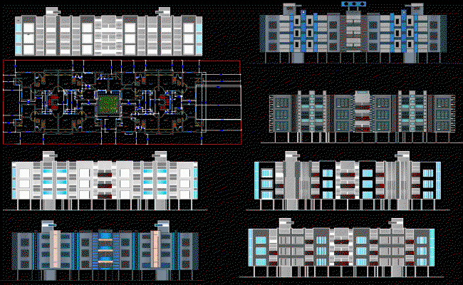 2D CAD Stilt 3 Apartment Elevation DWG for Residential Buildings