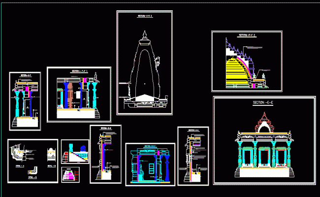 Traditional Temple Elevation and Section Design in AutoCAD DWG File