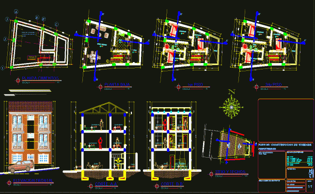 Small 3 Storey House Floor Plan and Front Elevation DWG File