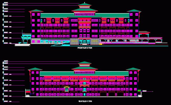 G plus 4 Hospital Front and Rear Elevation Design in CAD File