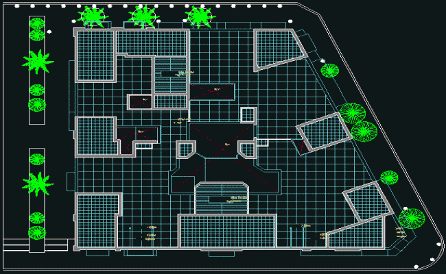 Commercial Building Roof Layout Plan With Grid And Landscape