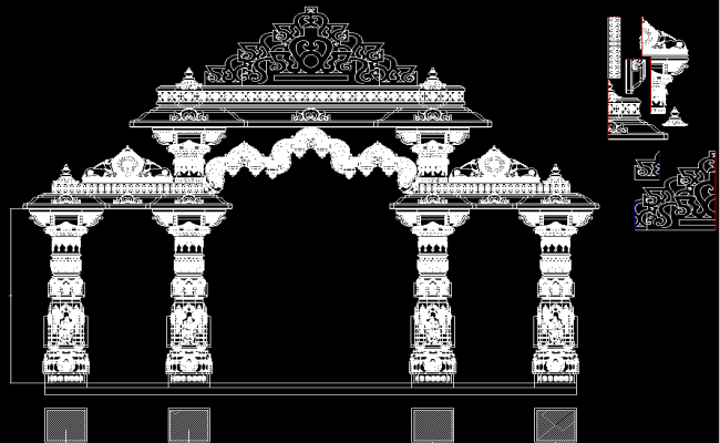 Temple architectural layout elevation with structural details