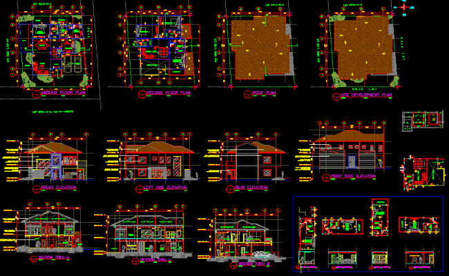 Modern Bungalow DWG CAD Showing Floor Plan and Four-Side Elevations