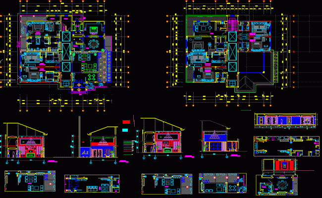 Villa DWG Layout Showing Floor Plan, Sections, and Elevation Design