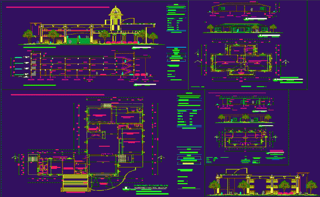 Engineer College building floor plan, section, and elevation.